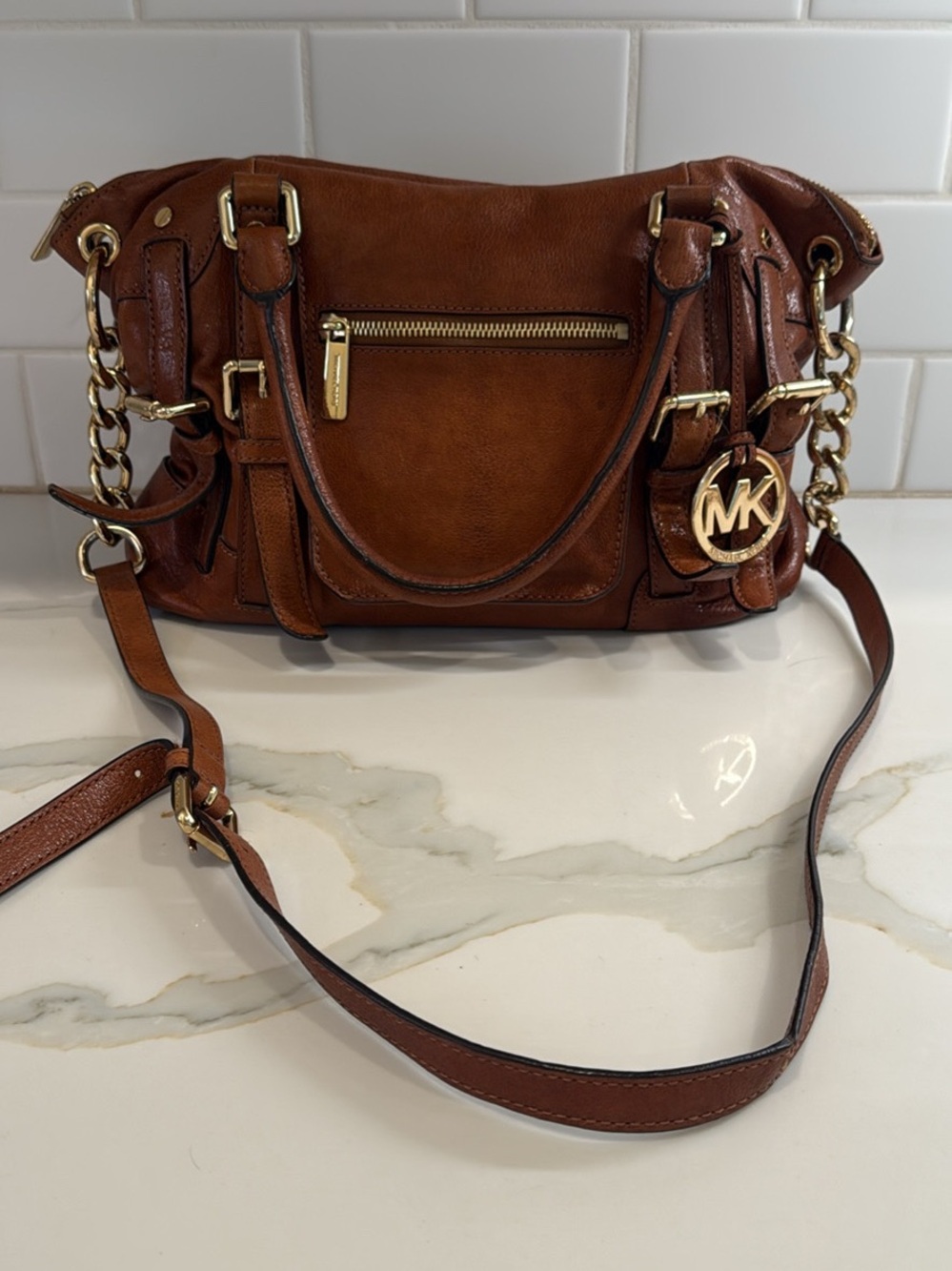 Michael Kors Cognac Leather Shoulder Bag with Gold Hardware